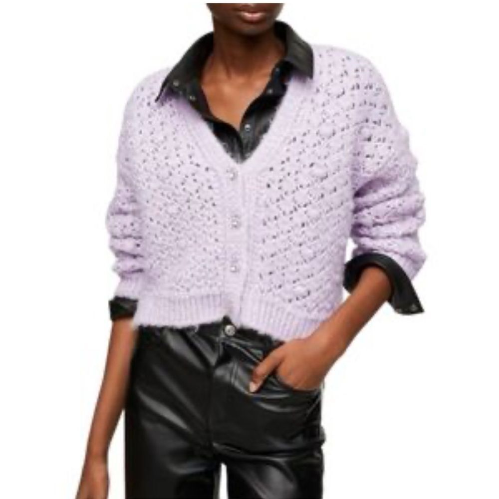 Mango Jewel Button Pointelle Knit Cardigan V-neck Lavender XXL